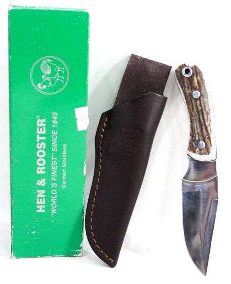 Hen and Rooster , German Stainless steel fixed blade knife with leather scabbard
