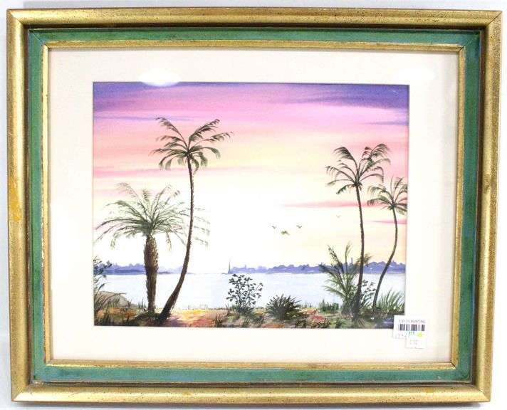 Original watercolor tropical scene, framed 17" x 21"
