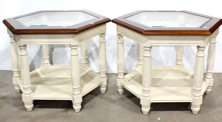 Hexagonal Glass Top Painted Accent Side Tables - Pair - 27 x 23 x 20 each