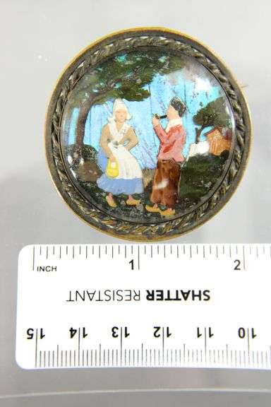 Vintage morpho butterfly Brooch, hand painted Dutch scene, 1920s