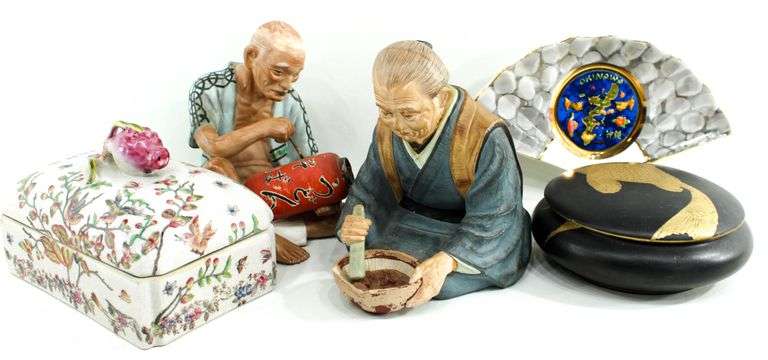 Antique Japanese Hakata Urasaki Clay Dolls - and - Vintage Chokin "Okinawa" (Japan) Souvenir - and - Oriental Chinoiserie Trinket Boxes and More