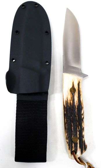Dozier , Arkansas made custom knife with Stag handle and plastic tactical scabbard , Never Used or sharpened