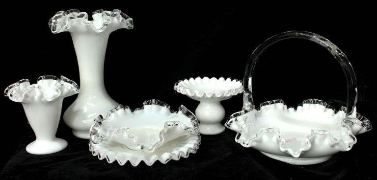 Fenton Glass - Silver Crest Ruffled Edge Milk Glass Art Glass Basket, Vases, and More