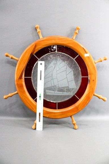 Stained Glass Sailing Ship Centerpiece in Wooden Ship's Wheel Frame - 21" Dia