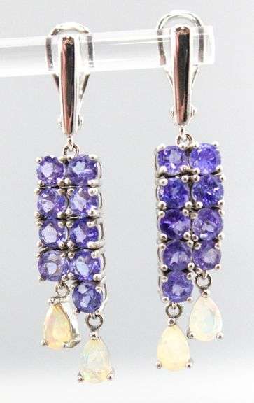 Tanzanite (tested), Opal,  and Sterling Silver Earrings.