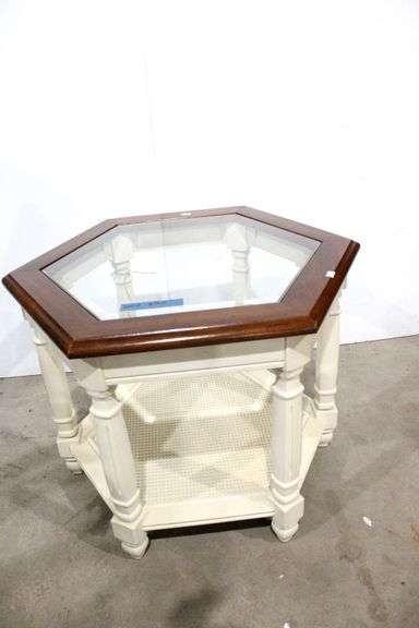 Hexagonal Glass Top Painted Accent Side Tables - Pair - 27 x 23 x 20 each