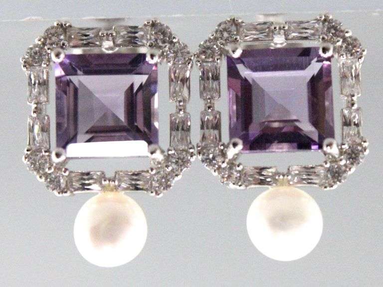 Amethyst (tested), Genuine Pearl, and Sterling Silver Earrings.