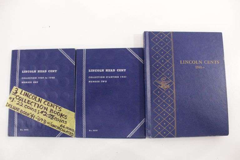Three Lincoln Cents Collection Books. One book has 22 Coins, the second 28 coins, and the Deluxe book has 66 coins 1941-1969 "D", some uncirculated and steel cents included. 116 Coins Total