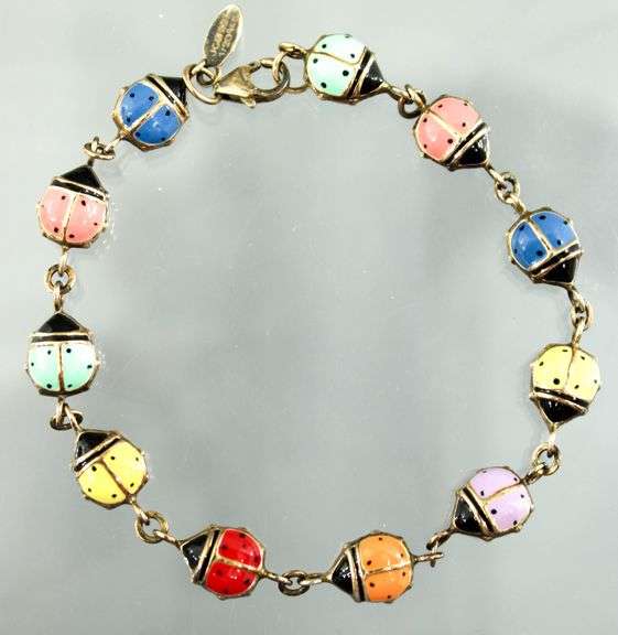 Sterling Silver and 14 KTGF Bracelet of enameled double sided lady bugs, 7"