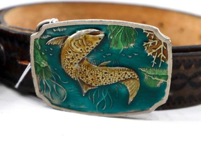Rainbow Trout Pewter Metal & Blue Enamel Vintage Belt Buckle with Belt - and - Kenneth Cole Reaction Buckel with Belt - and - More