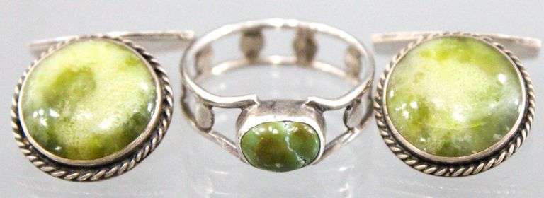 Irish Connemara Marble and Sterling Silver Ring, Size 8, and Matching Cufflinks.