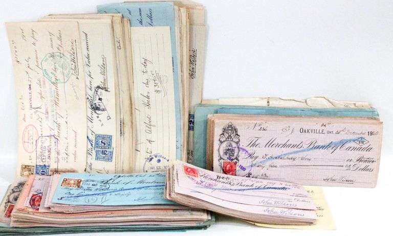 Antique Canadian Bank checks and inter bank transfer slips with Postage and excise stamps , Circa 1914 - 1924 , 100's of items