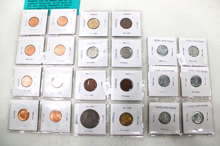 Coin Collection ,. Foreign coins , treasury mint set medallions , and wartime steel pennies