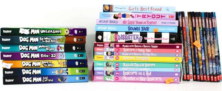 Books:  Dog Man by Dav Pilkey (Multiple Volumes) - and - Unicorn Books by Simpson (Multiple Volumes) - and - More