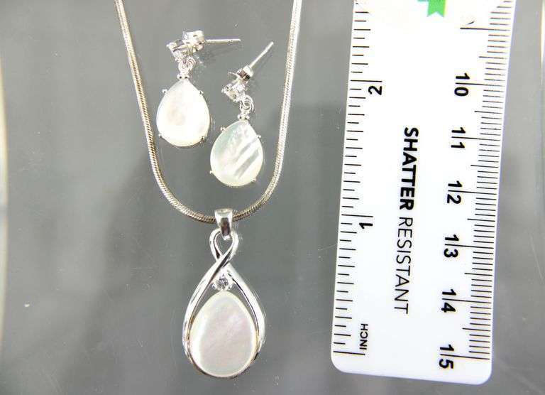 Sterling Silver Necklace and Earring set with Mother of Pearl and white Topaz (tested), in a gift box.
