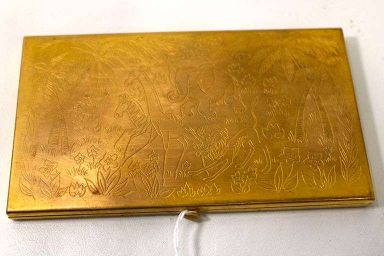 Vintage Art Deco Powder Compact.  Gold-Tone with Engraved Scenic Safari Jungle Animals, Palm Trees, and Flowers.