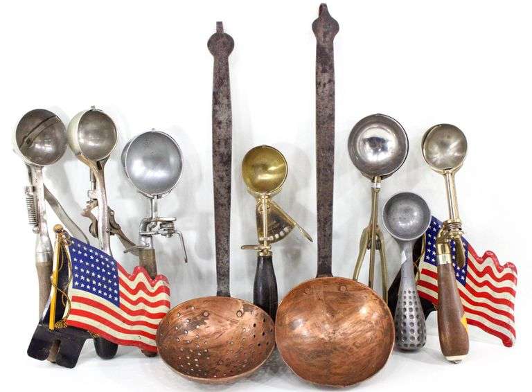 Vintage license plate flag toppers , Ice Cream Scoops by "Dairy Fresh", Benedict Indestructo, Scoop Rite Pat. Pend., and Other - and - Copper and Wrought Handle Ladles, and More