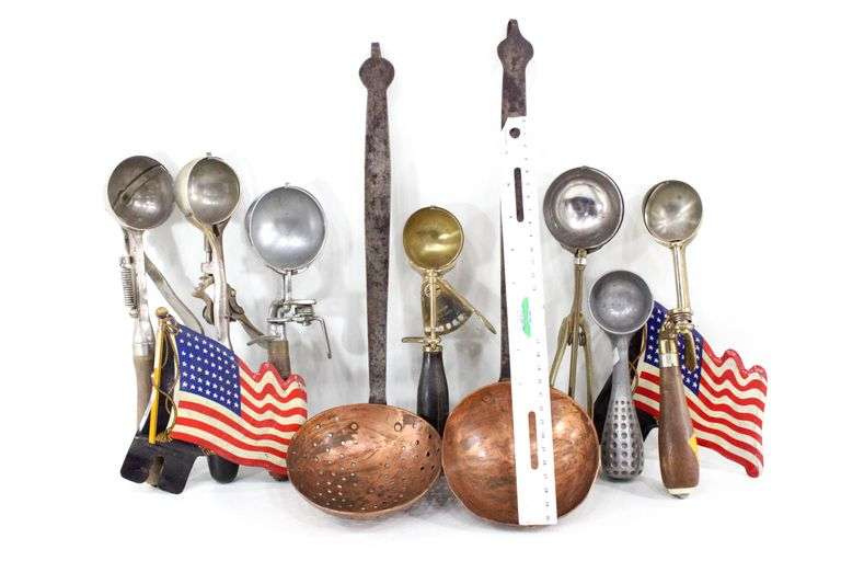 Vintage license plate flag toppers , Ice Cream Scoops by "Dairy Fresh", Benedict Indestructo, Scoop Rite Pat. Pend., and Other - and - Copper and Wrought Handle Ladles, and More