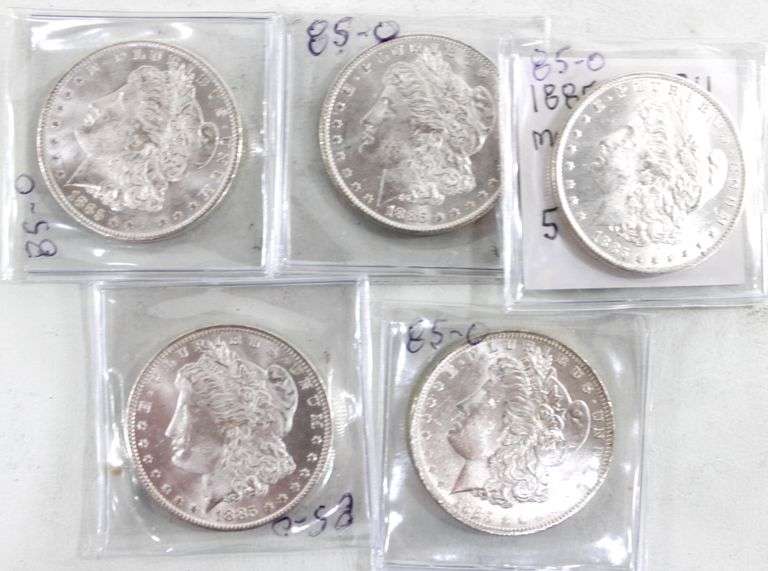 1885 "O" Morgan Silver Dollars - Five Total. Marked Uncirculated
