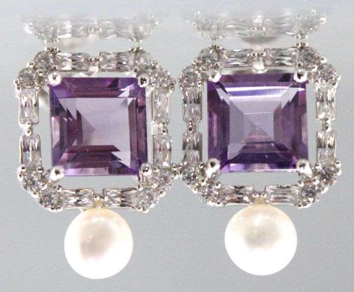 Amethyst (tested), Genuine Pearl, and Sterling Silver Earrings.