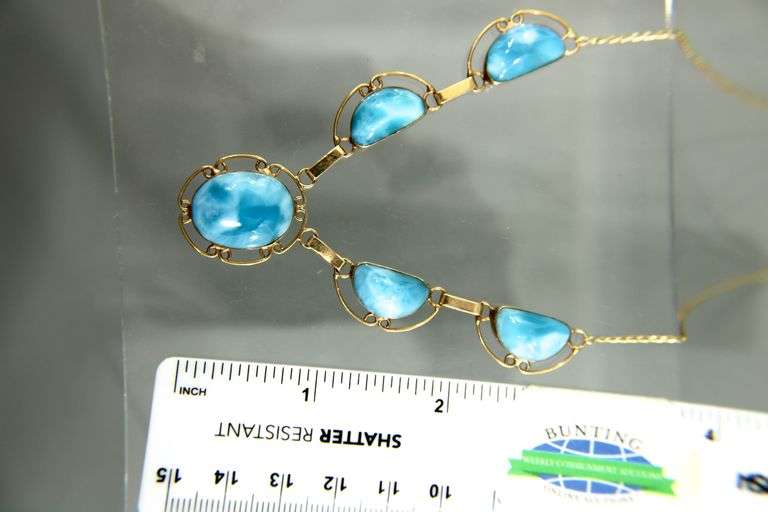 14 KT Gold Necklace set with Larimar blue stones, 18"