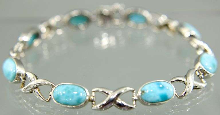 Sterling Silver Bracelet with Larimar stations, 8"