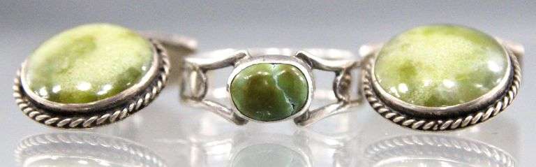 Irish Connemara Marble and Sterling Silver Ring, Size 8, and Matching Cufflinks.