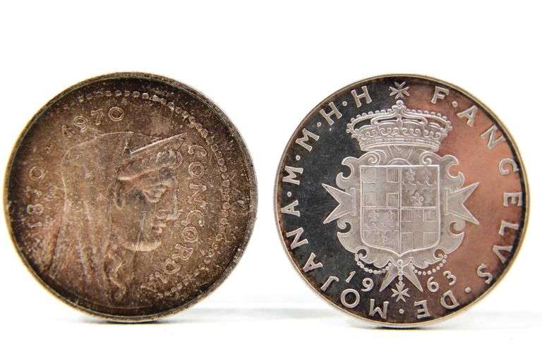 1970 Rome  1000 Lire silver Commemorative and 1963 Order of Malts 2 Scudi silver proof , 2 items