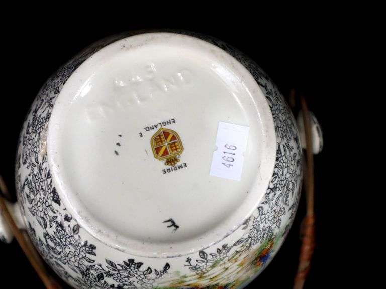 Empire Porcelain Company - Marked England - 1896-1967 - Double Handle Vessel with Rattan Bail Handle and Lid