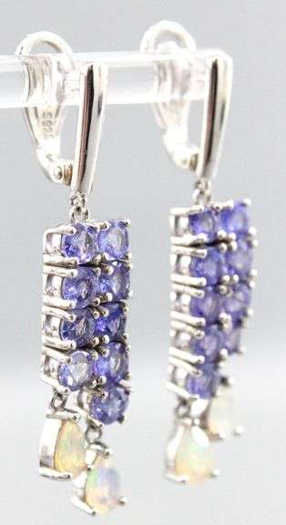 Tanzanite (tested), Opal,  and Sterling Silver Earrings.