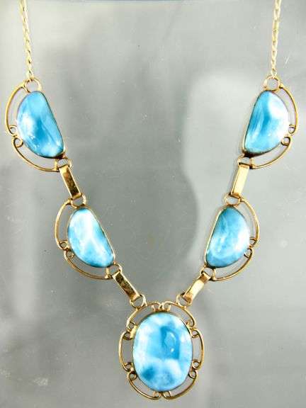 14 KT Gold Necklace set with Larimar blue stones, 18"