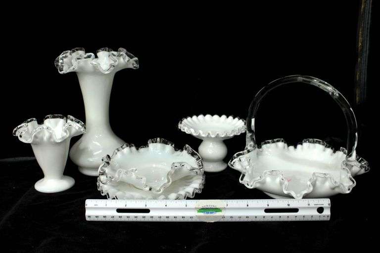Fenton Glass - Silver Crest Ruffled Edge Milk Glass Art Glass Basket, Vases, and More