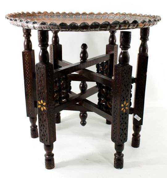 Moroccan Tray Table - Chinoiserie Wood Base with Handcrafted Metal Art Tray
