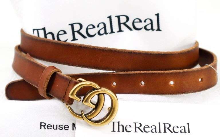 Authentic Gucci Double G Logo Leather Belt Size: XL.  RealReal Tags Still Attached and Purchase Invoice Provided.