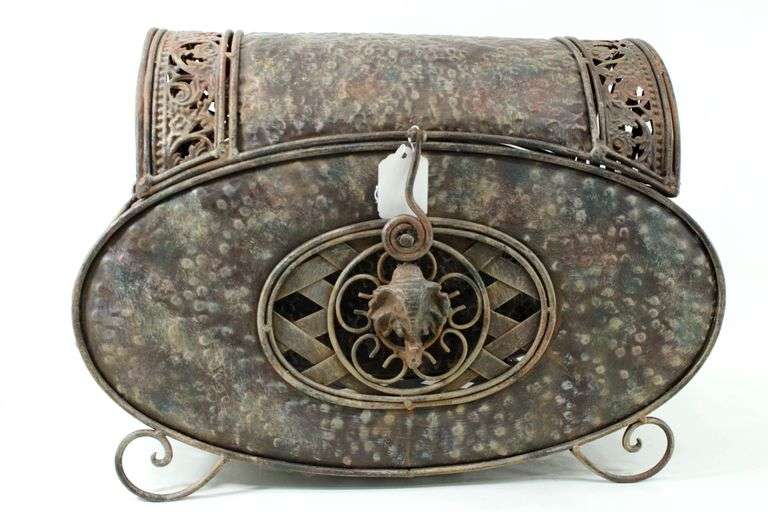 Elephant Figural Accent Open Weave Metal Art Chest / Table Basket