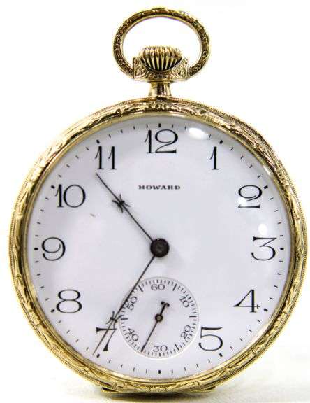 14K Gold Case , Howard pocket watch , Serial 1336445 , circa 1918 , Engraved from Mac to Albert , 12-25-23  Has interesting  " keystone" trifold case  , seems to be running well .