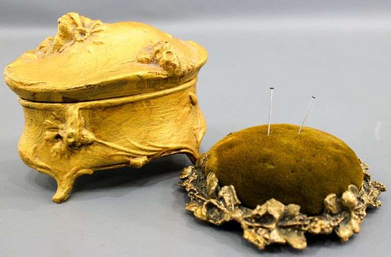 Gilded cast metal vintage pin cushion and lined Trinket Box.