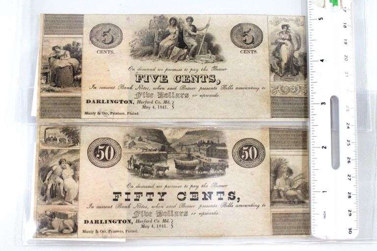 1841 United States Bank Notes. 50 Cents and 5 Cents. Darlington, Maryland.