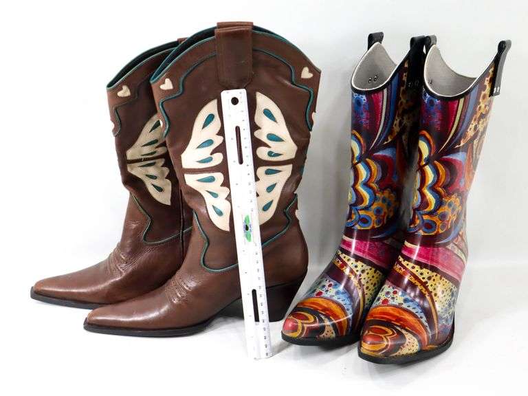 Tooled Leather Western Boots Size 8.5M - and - Composition Rubber Western Boots Size 8