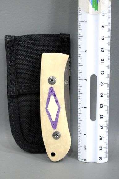 Dozier , Arkansas made custom folding knife ,  D2 marked blade with Bone scales with inlayed fossil coral ? , circa 2002