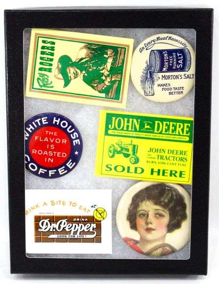 Vintage Advertising Pocket Mirrors in Shadow Box Display - "John Deere" and "Dr. Pepper" and "White House Coffee" and More