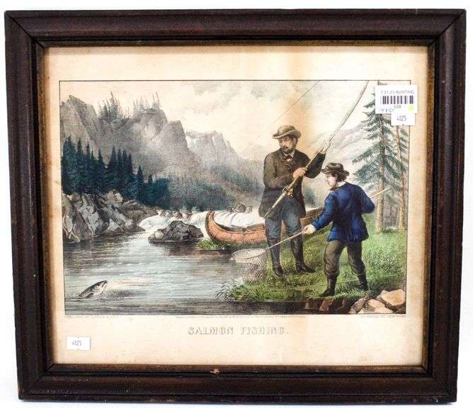 "Salmon Fishing" vintage Currier & Ives print, framed 14" x 16"