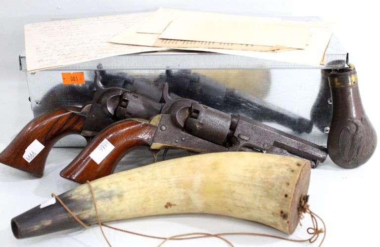 Pair Colt Patent 1849 Pocket .31 caliber , 5 shot revolvers , One serial 57672 ( Mfd 1853 ) the other 176615 ( mfd 1860 ) Come with powder horns and letters attributing them to 1st Lieutenant Richard E. Smith Company K , 3rd regiment Delaware Volunteer infantry , He was enrolled Dec 17th 1861 and carried them at Antietam and throughout the war to Appomattox  , Must be at least 18 years old to purchase.  ** Please ensure that you are familiar with all state and federal laws relating to the purchase of firearms in MD before bidding. **