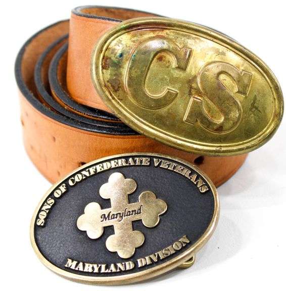 Phillip Beall Annapolis, Md Leather Belt with Maryland Division Sons of Confederate Veterans Buckle and Brass CS Belt Buckle