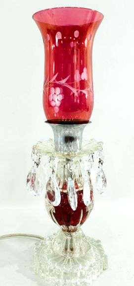 Antique Cranberry Cut to Clear Bohemian Glass Buffet Lamp - 16 x 7