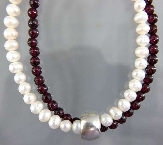 Sterling Silver, Genuine Pearl, and Amethyst (tested) beaded  Necklace, 16"