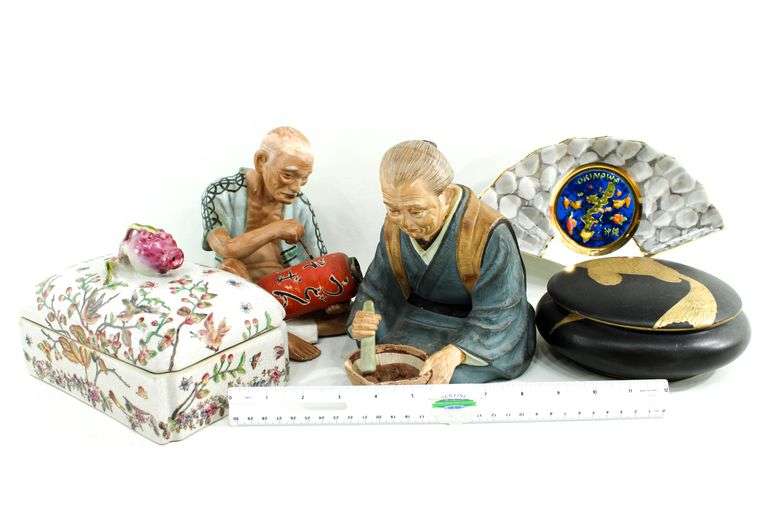 Antique Japanese Hakata Urasaki Clay Dolls - and - Vintage Chokin "Okinawa" (Japan) Souvenir - and - Oriental Chinoiserie Trinket Boxes and More