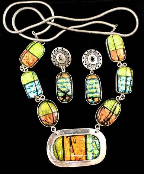 Barbie Koncher Signed Sterling Silver 'Popsicle" Dichroic Glass Necklace with a $400 Tag, and  Matching Earrings.  One in need of a Post.