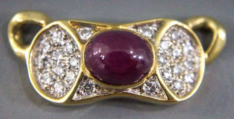 Diamond Encrusted, 14 KT Gold Pendant with a Large Ruby Cabochon.  (both tested).  8.3g.  Unmarked other than 2361.