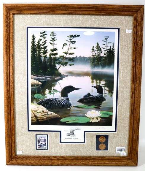 "Boundary Waters" Limited Edition Print by Leo Stans 1990, Centerpiece for 1990 National Parks Series $8.00 Stamp, and Earth Day 1990 Coins - Gallery Style Display - 25 x 21